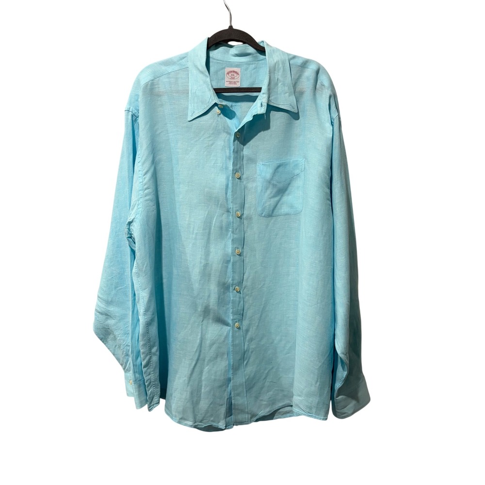 Brooks Brothers 346 Button Down Mens XXL Aqua Blue 100% Linen Long Sleeve Preppy